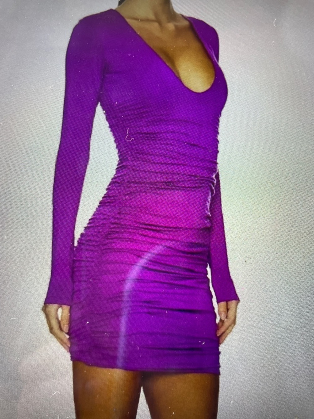 S-M.   AFRM   Long-Sleeve Ruched Scoop-Neck Mini Dress in Magenta   REVOLVE NWOT
